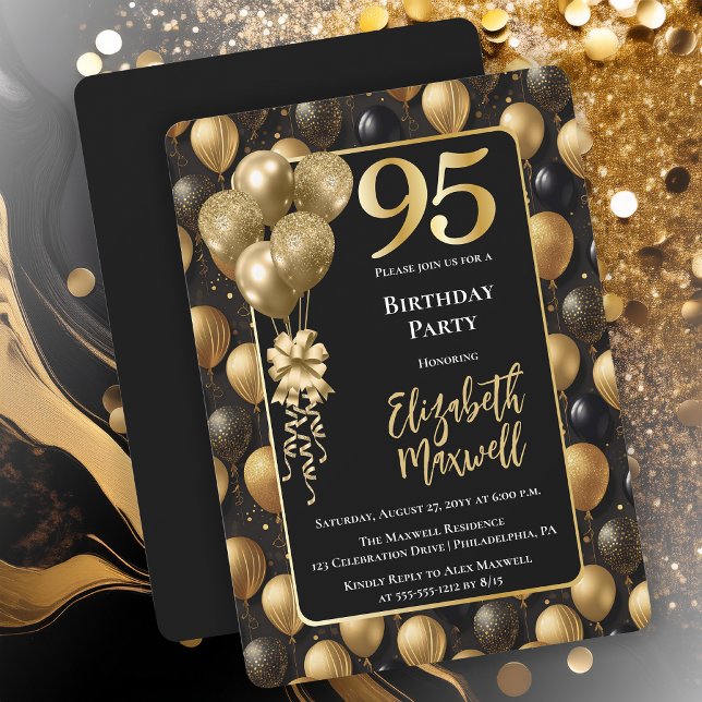 Elegant Black Gold Glitter Balloons 95th Birthday Invitation (Elegant Black Gold-Tone Faux Glitter Balloons Pattern 95th Birthday Party Invitation 
Print Digital)