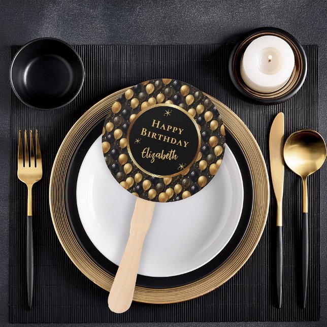  Elegant Black Gold Glitter Balloons Pattern A021 Hand Fan (Elegant Black and Gold Faux Glitter Balloons Patterned "Happy Birthday" Hand Fan)