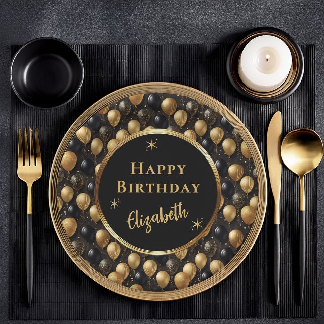  Elegant Black Gold Glitter Balloons Pattern A021 Paper Plate (Elegant Black and Gold Faux Glitter Balloons Pattern A021 "Happy Birthday" [Name] Paper Plates)