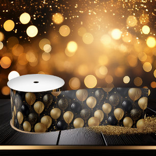 Elegant Black Gold Glitter Balloons Pattern A021 Satin Ribbon