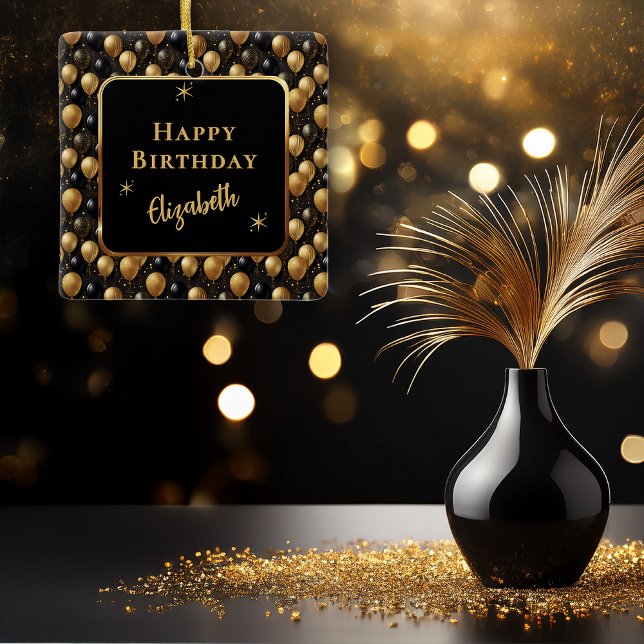  Elegant Black Gold Glitter Birthday Balloons Ceramic Ornament (Elegant Black and Faux Gold Glitter Balloons Pattern "Happy Birthday" Square Ornament)