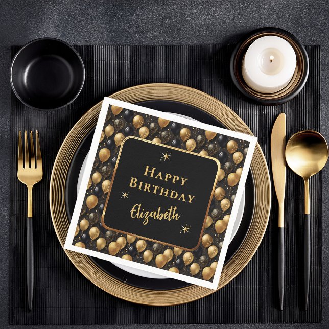  Elegant Black Gold Glitter Birthday Balloons Napkin (Elegant Black and Gold Faux Glitter Balloons Pattern A021 "Happy Birthday" [Name] Paper Napkins)