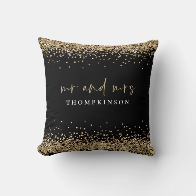 Elegant Black Gold Glitter Borders New Mr Mrs Name Cushion (Front)