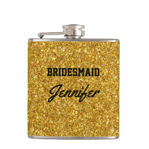 Elegant Black Gold Glitter Brooch Bridesmaids Hip Flask