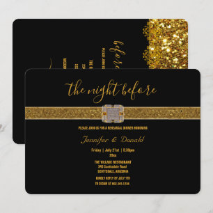 Elegant Black Gold Glitter Brooch Rehearsal Dinner Invitation