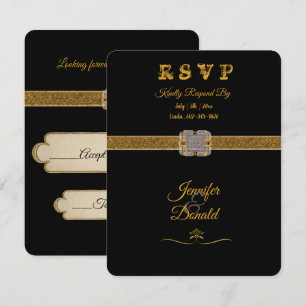 Elegant Black Gold Glitter Brooch  RSVP Card