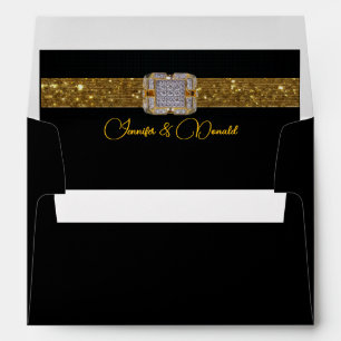 Elegant Black Gold Glitter Brooch Wedding Envelope