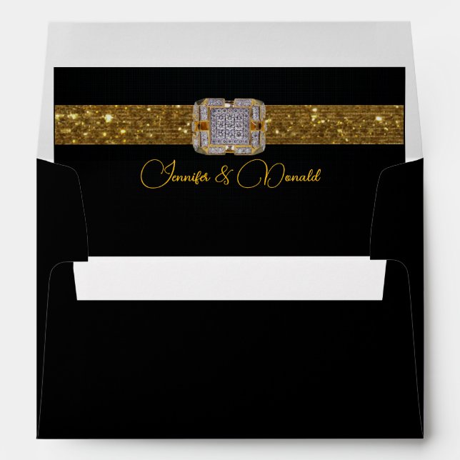 Elegant Black Gold Glitter Brooch Wedding Envelope (Back (Bottom))