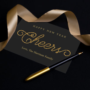 Elegant Black & Gold Glitter Cheers Happy New Year Holiday Card