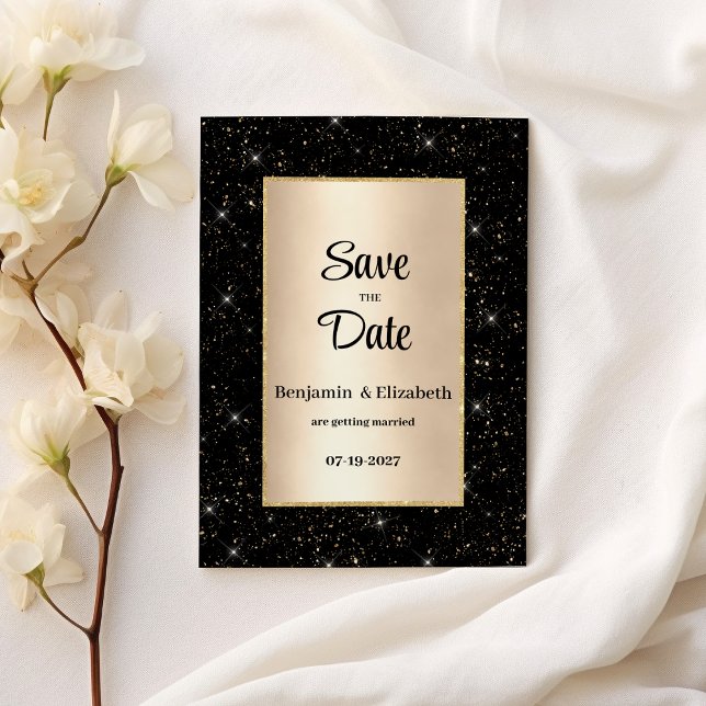 Elegant black gold glitter confetti Save the Date  Invitation (Elegant black gold glitter confetti Save the Date)