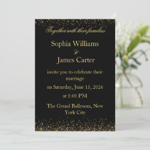 Elegant Black & Gold Glitter Confetti Wedding Invitation