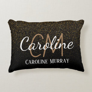 Elegant Black gold glitter custom monogram name Decorative Cushion