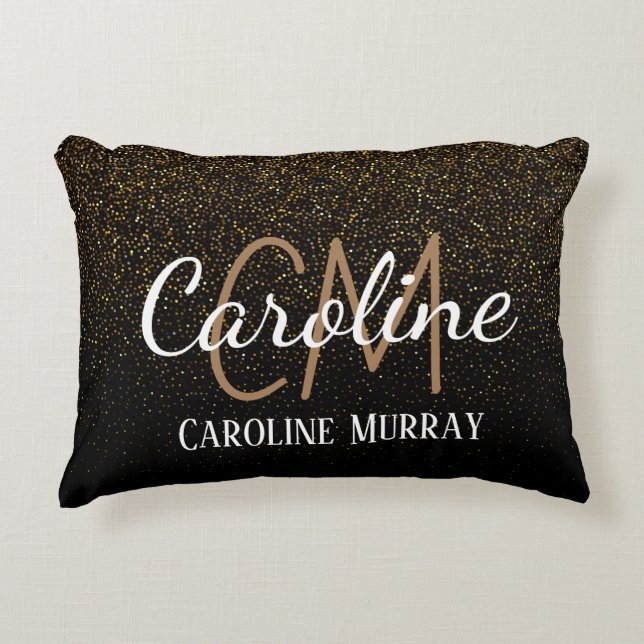 Elegant Black gold glitter custom monogram name Decorative Cushion (Front)