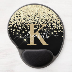 Elegant Black Gold Glitter Diamond Monogram Script Gel Mouse Pad
