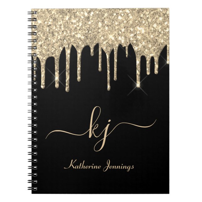 Elegant Black Gold Glitter Drips 2 Monogram Script Notebook (Front)