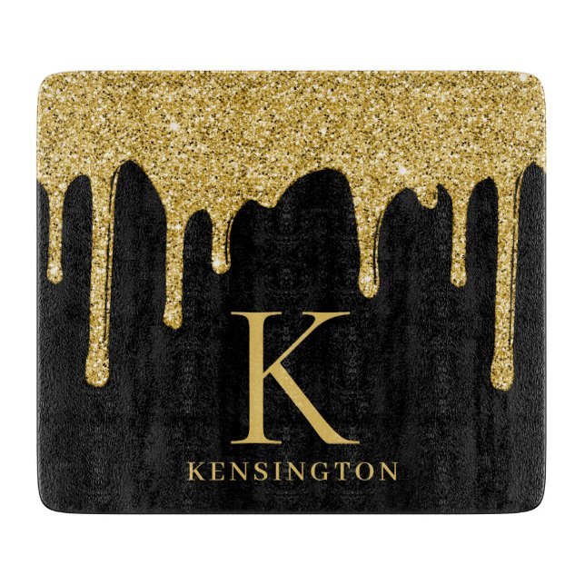 Elegant Black Gold Glitter Drips Monogram Cutting Board (Front)