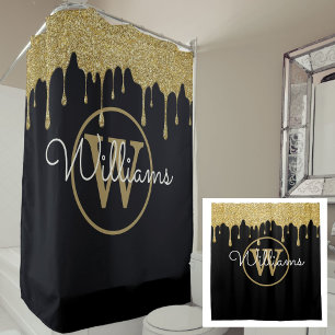 Elegant Black Gold Glitter Drips Monogram Script Shower Curtain