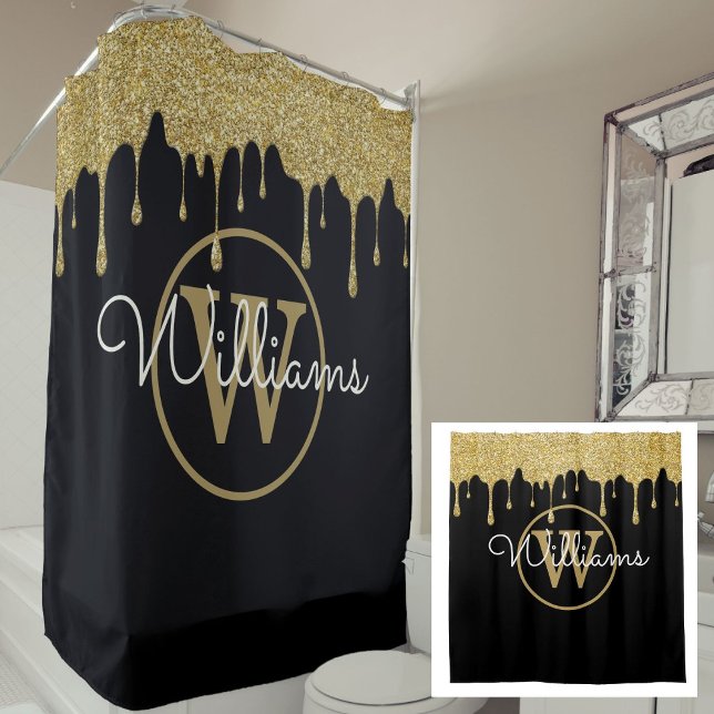 Elegant Black Gold Glitter Drips Monogram Script Shower Curtain (Elegant Black Gold Glitter Drips Monogram Script Shower Curtain)