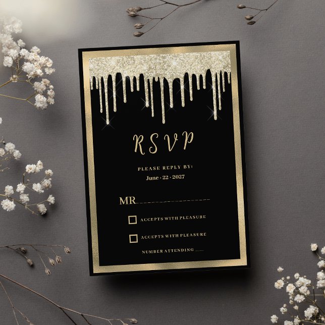 Elegant black gold glitter drips RSVP  Invitation (Elegant black gold glitter drips RSVP )