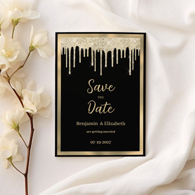 Elegant black gold glitter drips Save the Date  Invitation (Elegant black gold glitter drips Save the Date)