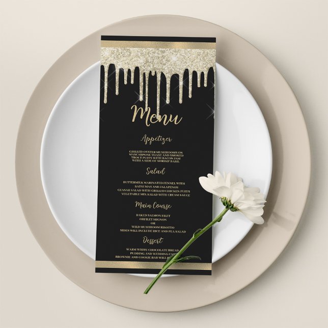 Elegant black gold glitter drips Wedding Menu (Elegant black gold glitter drips Wedding Menu)