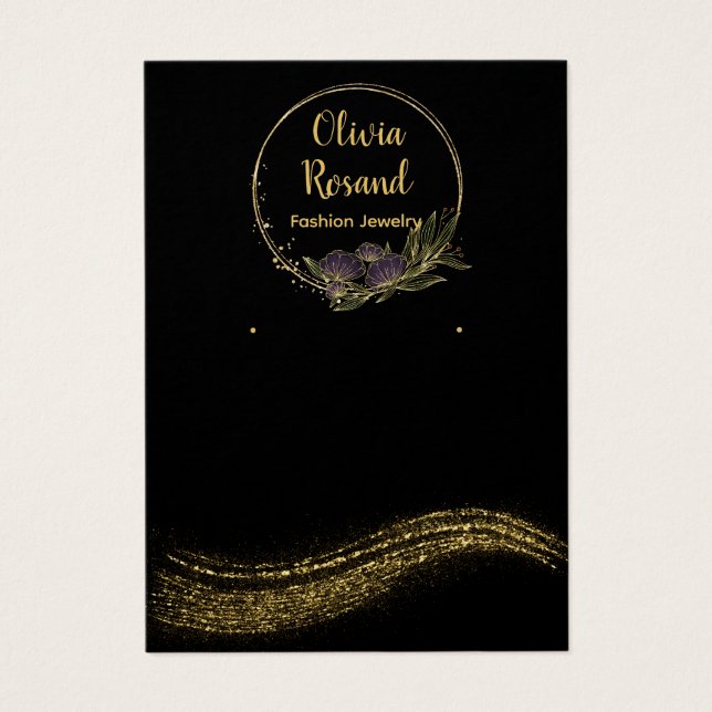 Elegant black gold glitter earring display card (Front)