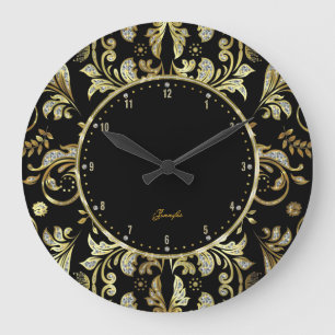 Elegant Black & Gold Glitter Floral Damasks 2 Large Clock