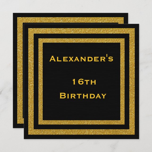 Elegant Black & Gold Glitter Framed 16th Birthday Invitation (Front/Back)
