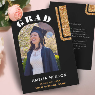 Elegant Black Gold Glitter Grad Photo Graduation Announcement