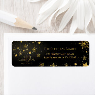 Elegant Black Gold Glitter Hanging Stars Snowflake Return Address Label