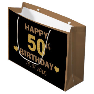 Elegant Black & Gold Glitter Happy 50th Birthday  Large Gift Bag