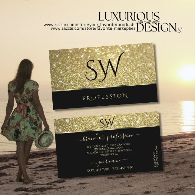 Elegant Black Gold Glitter Luminous Stars Monogram Business Card (Creator Uploaded)