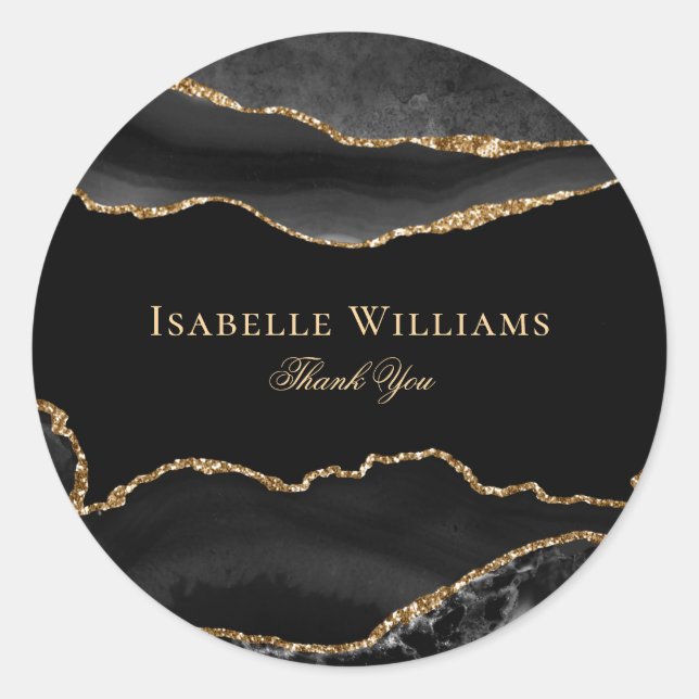 Elegant Black Gold Glitter Marble Agate Customise Classic Round Sticker (Front)