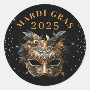 Elegant Black Gold Glitter Mardi Gras 2025 Classic Round Sticker