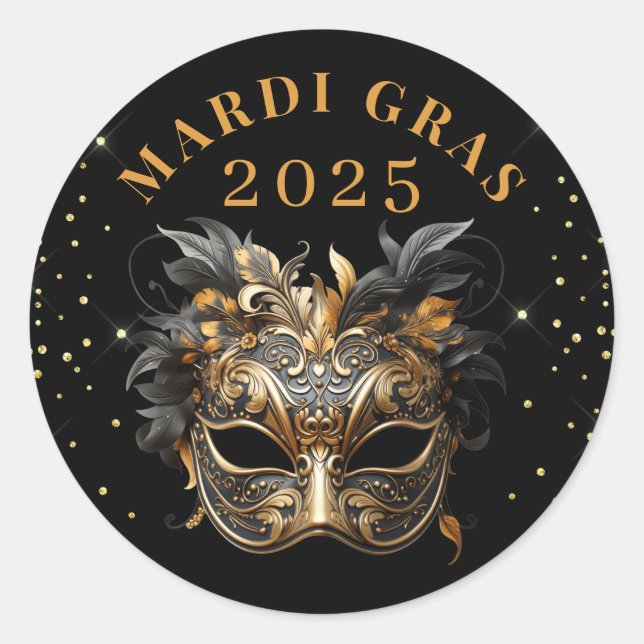 Elegant Black Gold Glitter Mardi Gras 2025 Classic Round Sticker (Front)