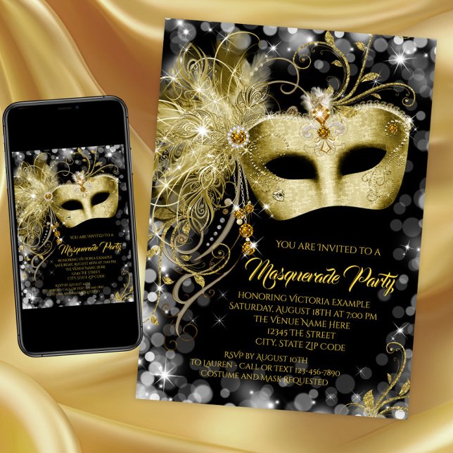 Elegant Black Gold Glitter Masquerade Party Invitation (Black and gold masquerade party invitation with jewel gold mask. Print and download available.)