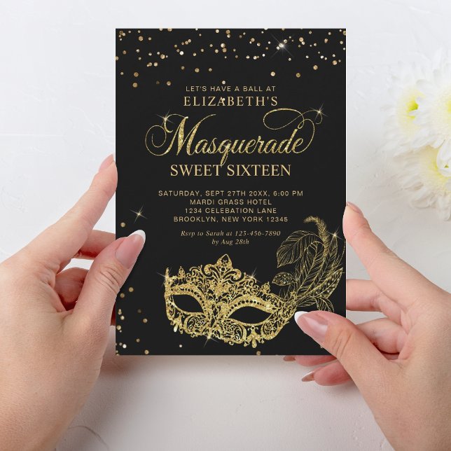 Elegant Black Gold Glitter Masquerade Sweet 16 Invitation (Creator Uploaded)