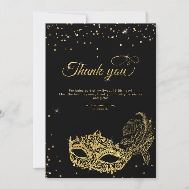 Elegant Black Gold Glitter Masquerade Thank You Card (Front)