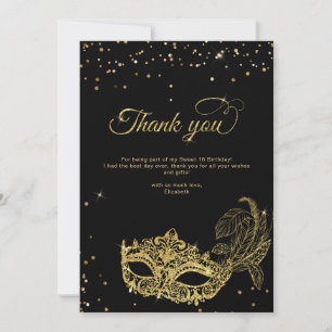 Elegant Black Gold Glitter Masquerade Thank You Card