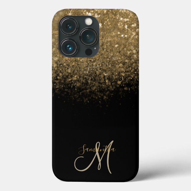 Elegant Black & Gold Glitter Monogram Case-Mate iPhone Case (Back)