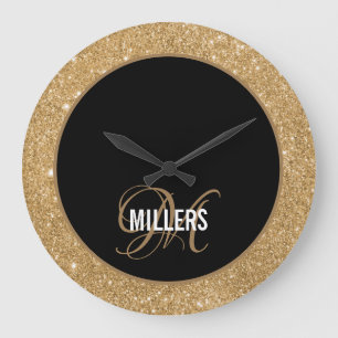 Elegant black gold glitter monogram family name large clock