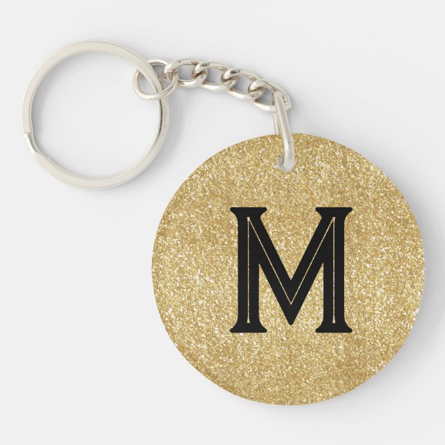 Elegant black gold glitter monogram key ring (Front)