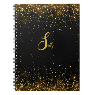 Elegant Black & Gold Glitter Monogram Script Name Notebook