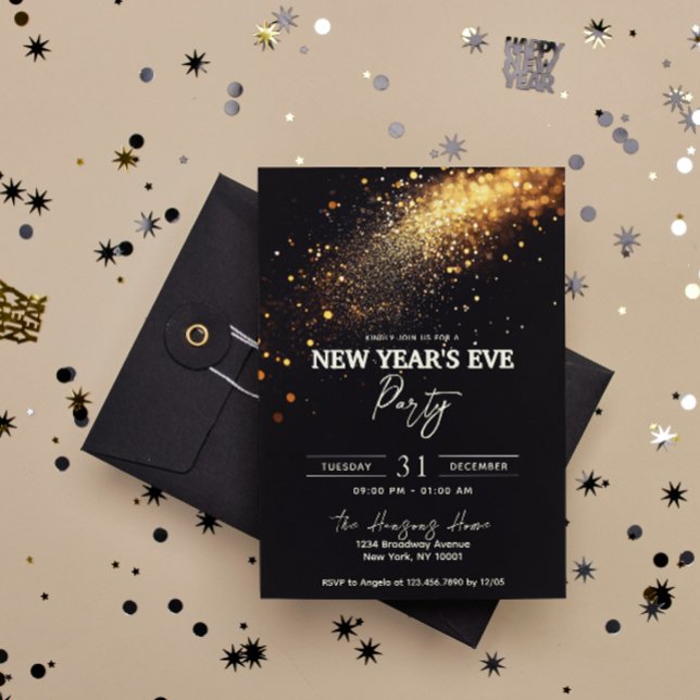 Elegant Black Gold Glitter New Year's Eve Party Invitation (Creator Uploaded)