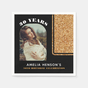 Elegant Black Gold Glitter Photo 30th Birthday  Napkin