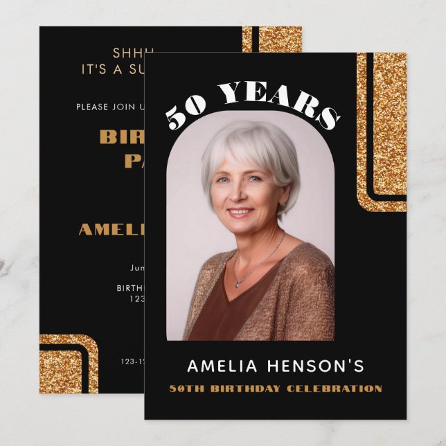 Elegant Black Gold Glitter Photo 50th Birthday Invitation (Front/Back)