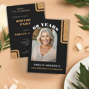 Elegant Black Gold Glitter Photo 60th Birthday Invitation