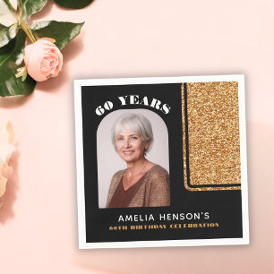 Elegant Black Gold Glitter Photo 60th Birthday Napkin