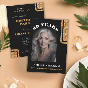 Elegant Black Gold Glitter Photo 80th Birthday Invitation