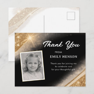 Elegant Black Gold Glitter Photo Birthday Postcard